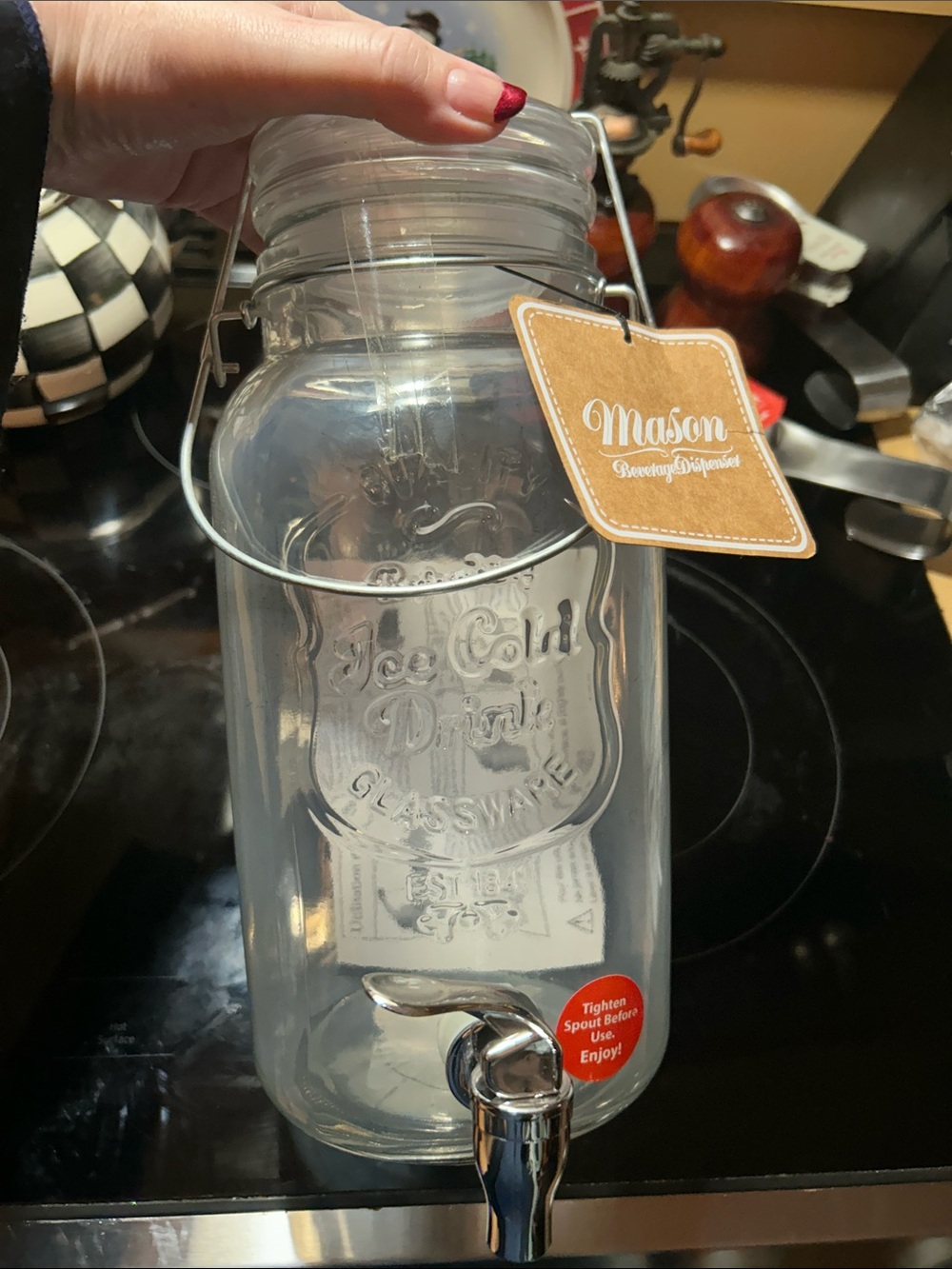Mason Clear Glass Beverage Dispenser with Silver Spigot. NWT